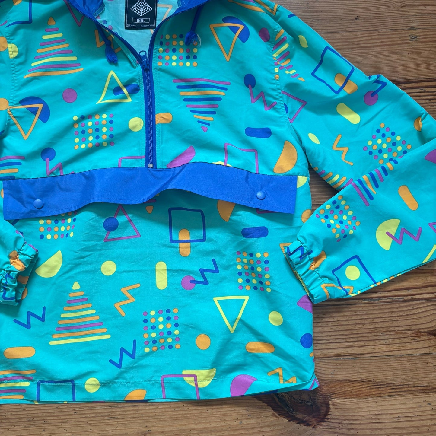 Massive 90s green teal blue shapes hooded pullover adult jacket SIZE S
