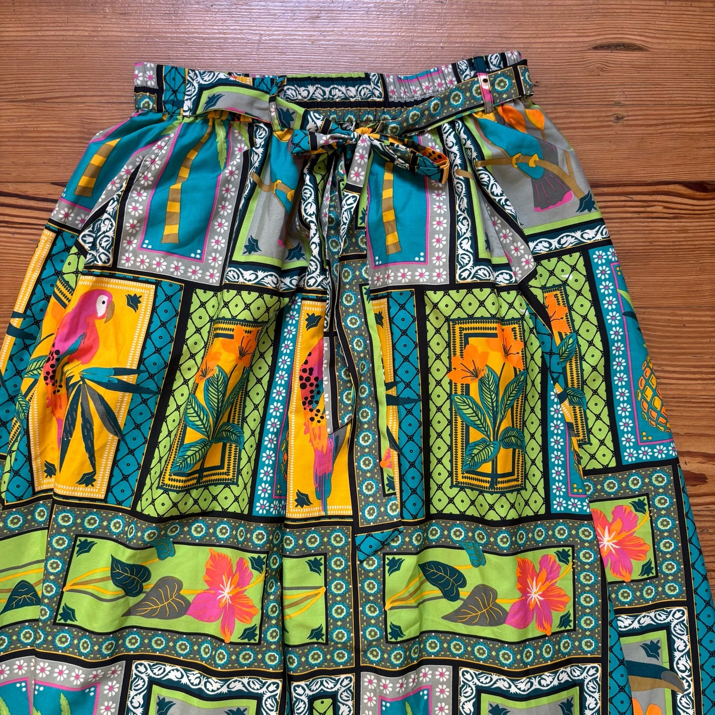 NWT Cato blue green tropical flowy elastic tie waistband maxi skirt SIZE M
