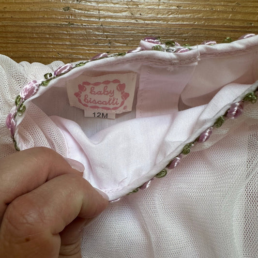 Baby Biscotti light pink tulle floral embroidered flutter sleeve dress SIZE 12M