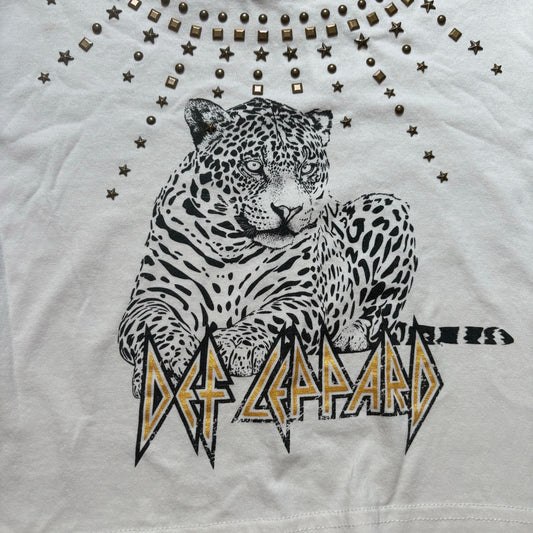 Def Leppard white studded cheetah girls short sleeve cropped shirt SIZE 6