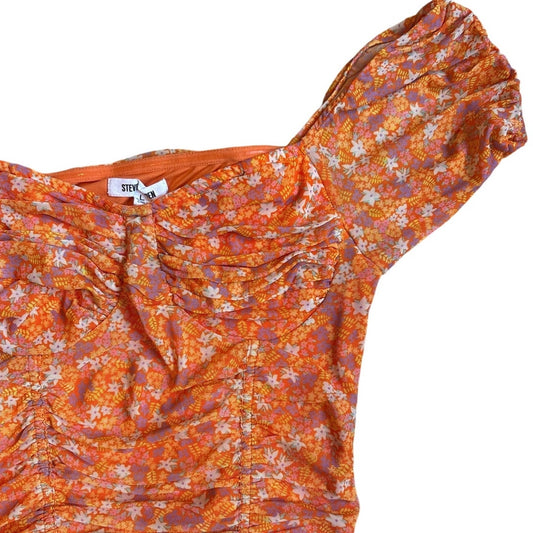 Steve Madden orange floral sheer overlay puff sleeve cropped blouse SIZE L