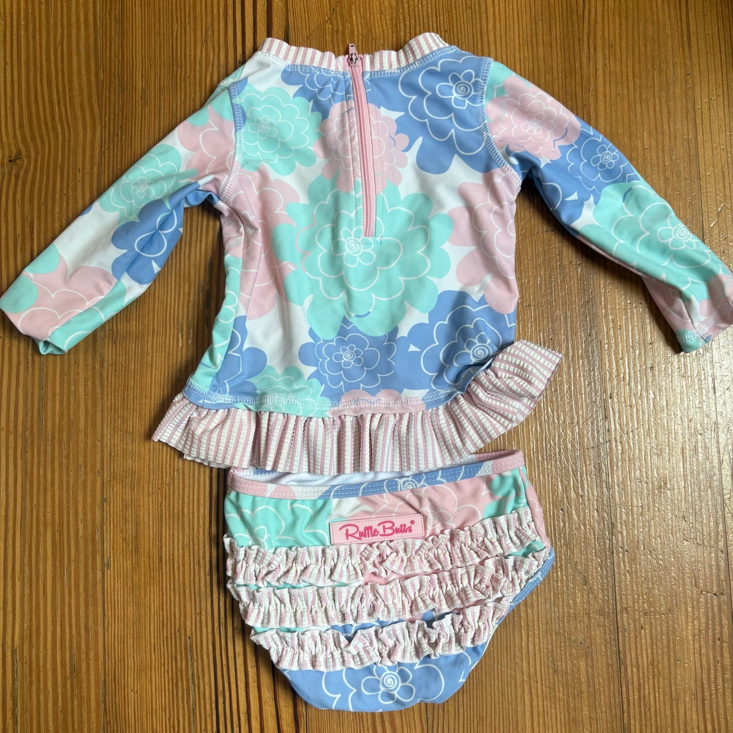 Ruffle Butts blue green florals two piece rashguard baby swimsuit SIZE 12-18M