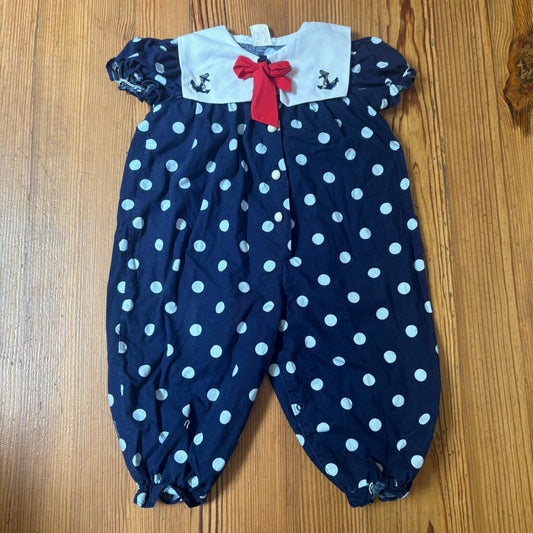 Vintage 90s navy white polka dot short sleeve sailor bubble bodysuit SIZE 18M
