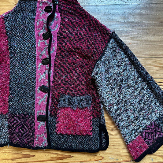 Curio vintage pink black oversized patchwork mock neck cardigan sweater SIZE S