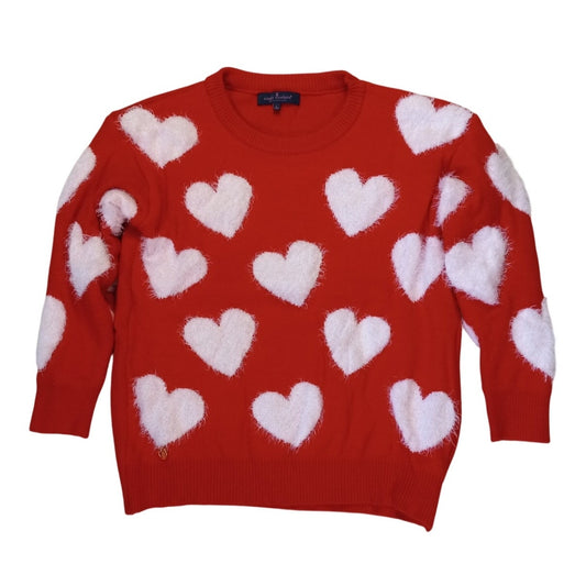 Simply Southern red fuzzy white heart pullover womens crew sweater SIZE L