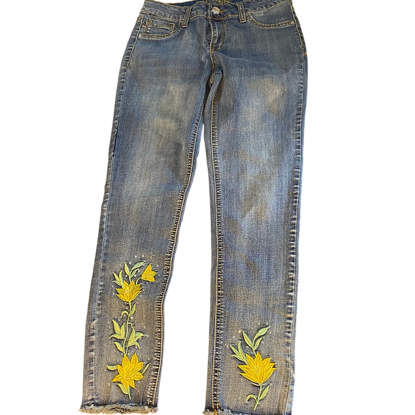 Vigoss medium wash yellow floral embroidered raw hem youth jeans SIZE 14