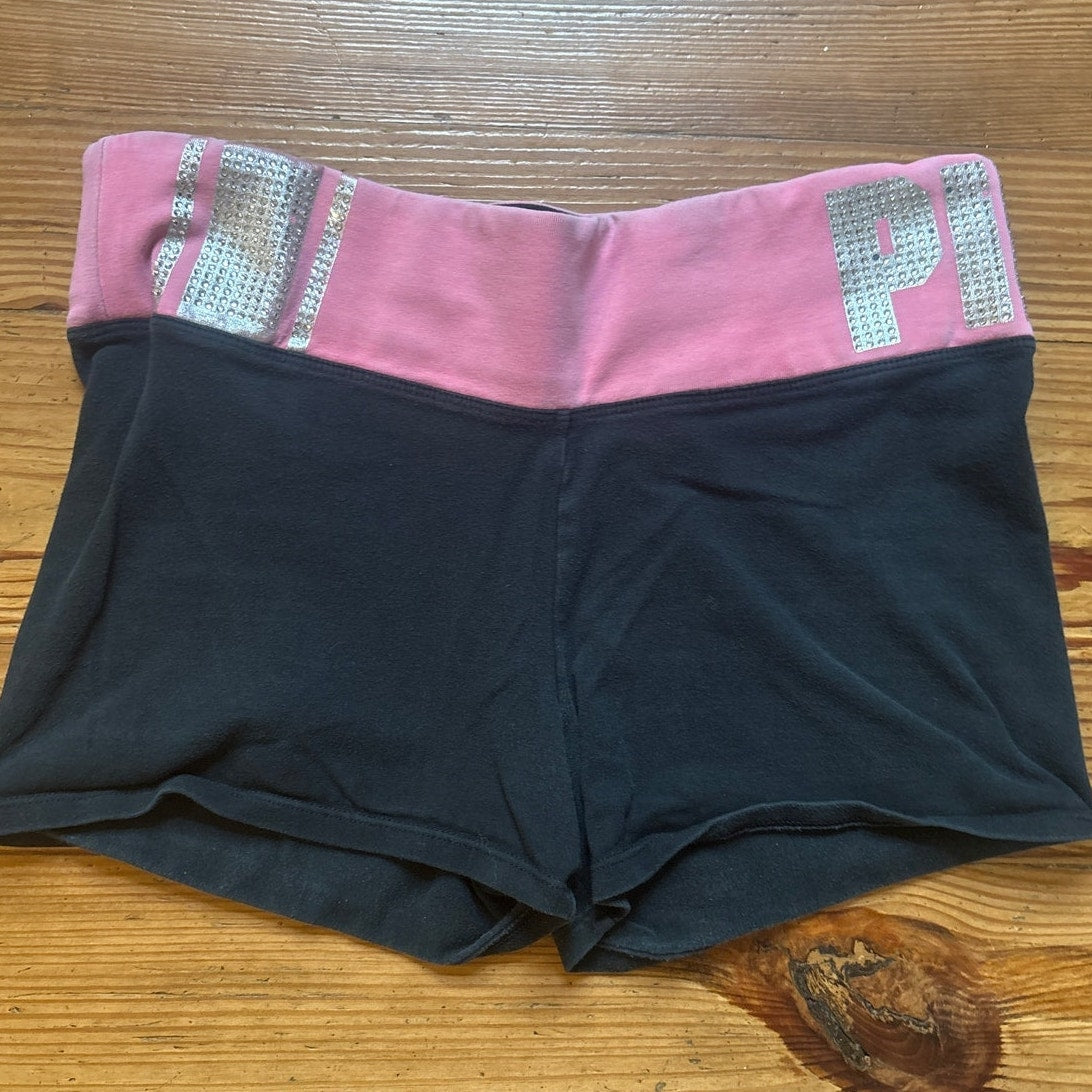 Y2K Victoria's Secret Pink yoga black pink jeweled waistband mini shorts SIZE M