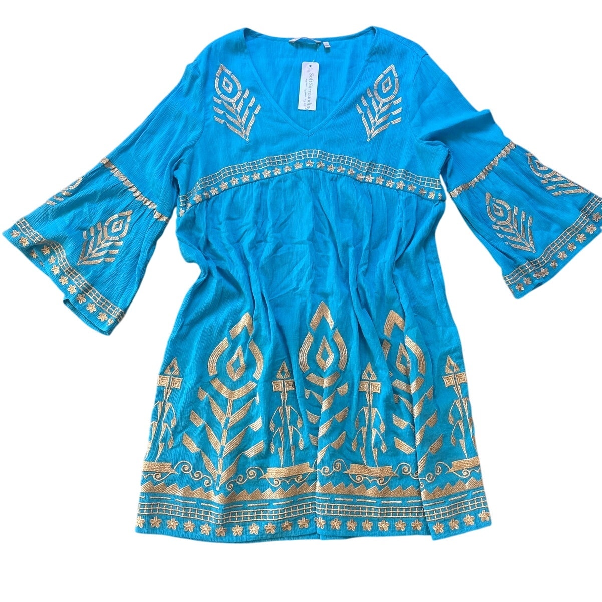 NWT Soft Surroundings Zaneta turquoise blue gold embroidered dress SIZE L