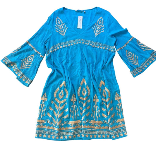 NWT Soft Surroundings Zaneta turquoise blue gold embroidered dress SIZE L