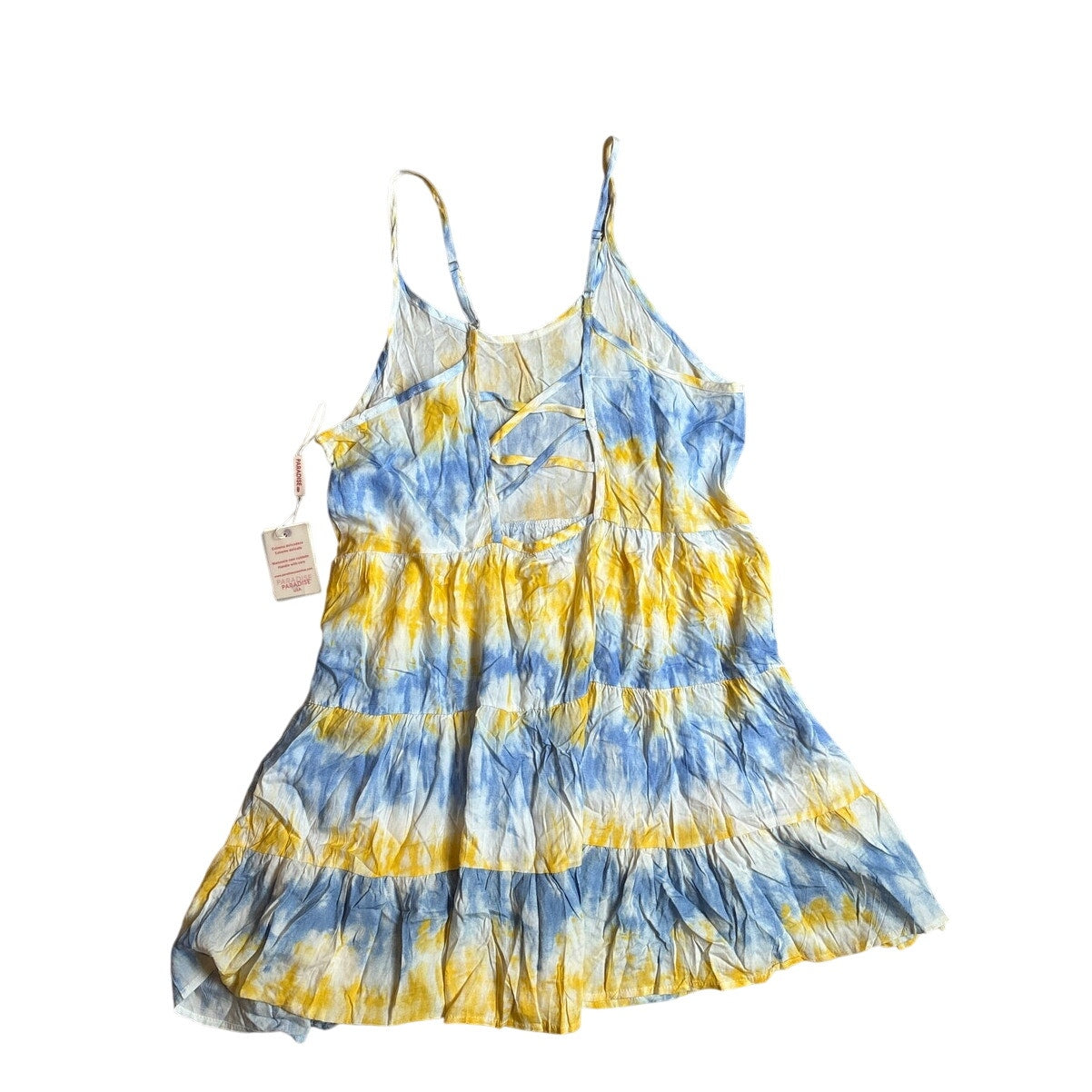 NWT Paradise USA blue yellow tie dyed adjustable strap tiered sun dress SIZE L