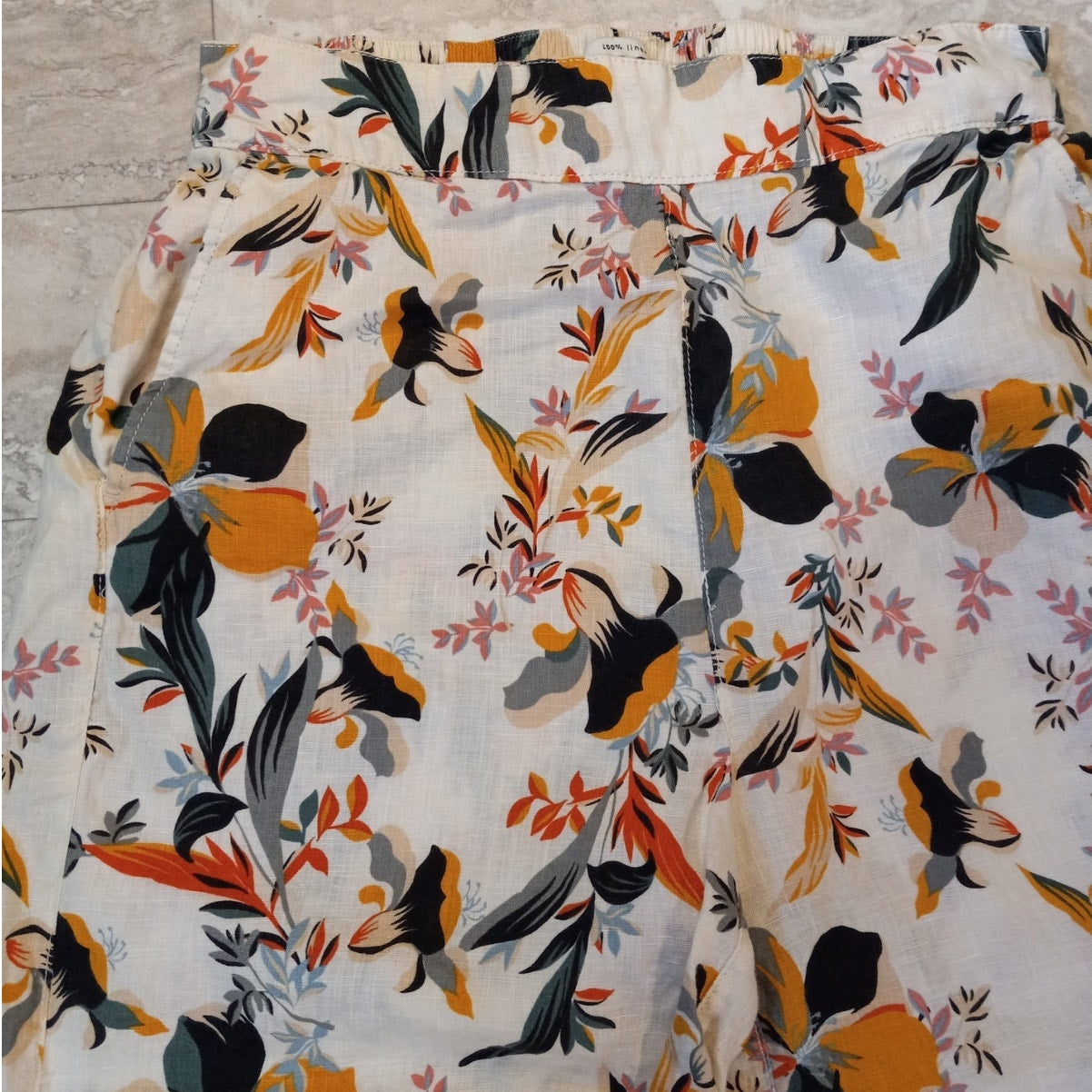 Rachel Zoe floral wide leg cropped linen pull on elastic waist pants SIZE M