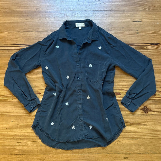 Cloth & Stone blue silver star plunge neckline button long sleeve shirt SIZE S