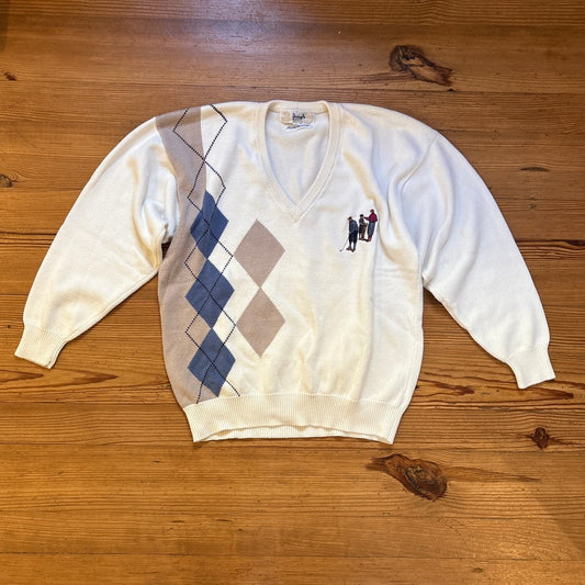 VTG Pringle ivory knit argyle golf embroidered grandpa v neck sweater SIZE L