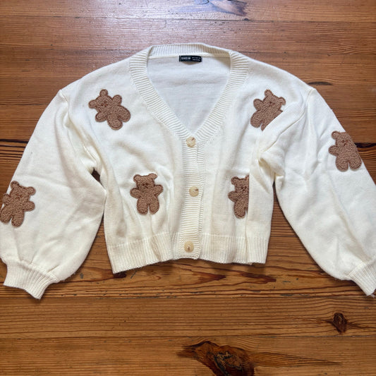Shein ivory sad teddy bear patches bubble sleeve cropped cardigan sweater SIZE S