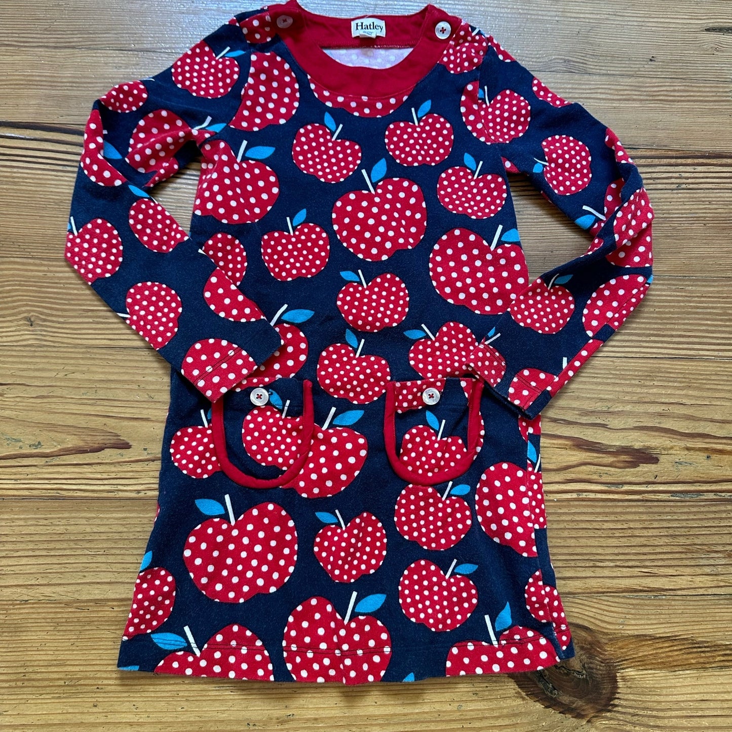 Hatley red navy apple print long sleeve dress SIZE 7