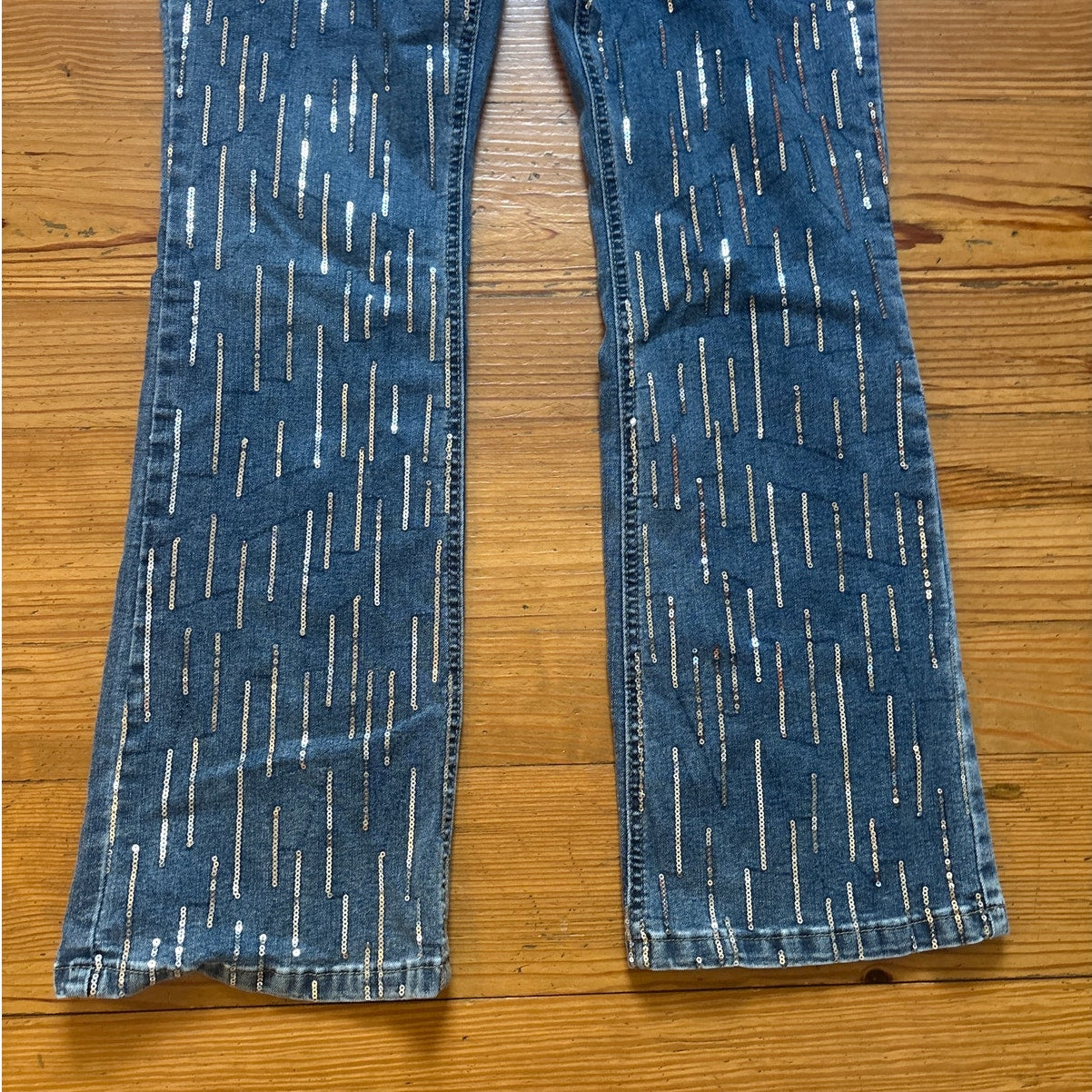 Almost Famous medium wash denim silver sequin boot cut jeans SIZE 11