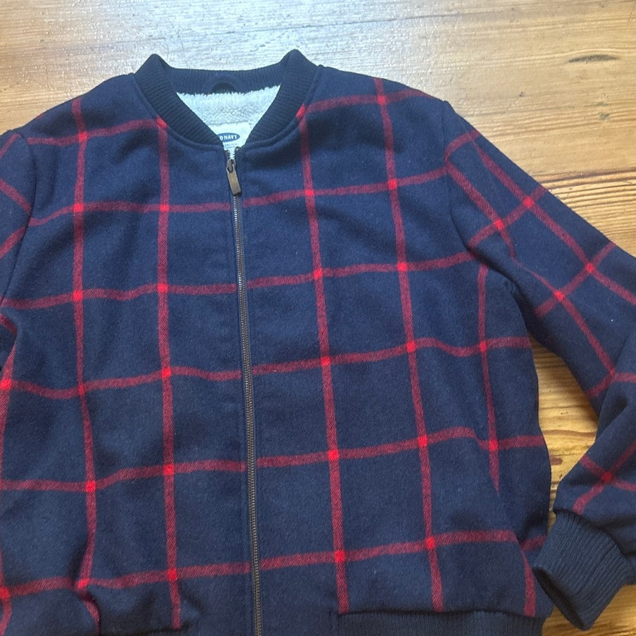 Old Navy blue red plaid wool blend fleece sherpa lined zip bomber jacket SIZE XL