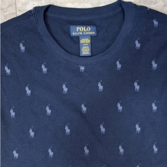 Polo Ralph Lauren dark navy pony printed waffle knit long sleeve shirt SIZE L