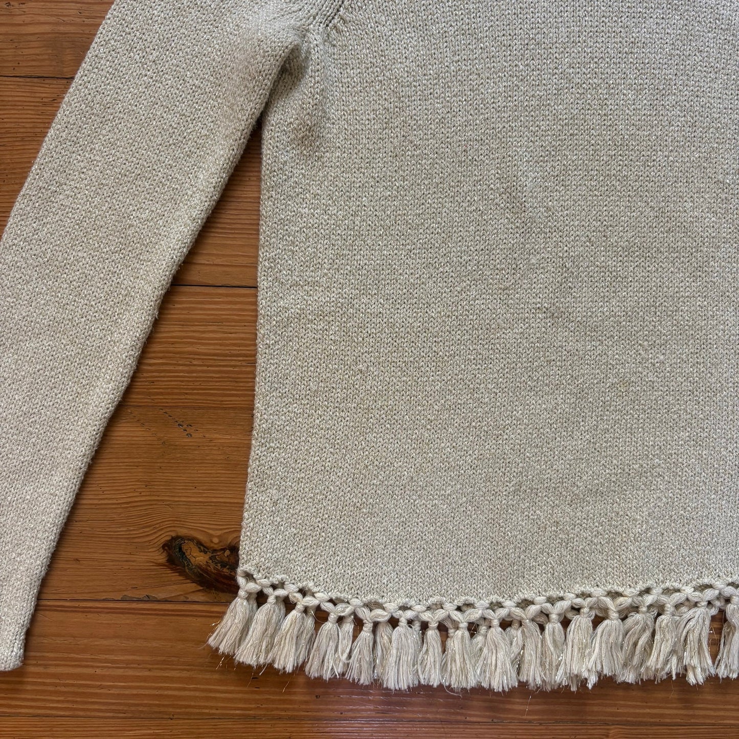 J. McLaughlin gold threaded tan tassel hem crew knit sweater SIZE S