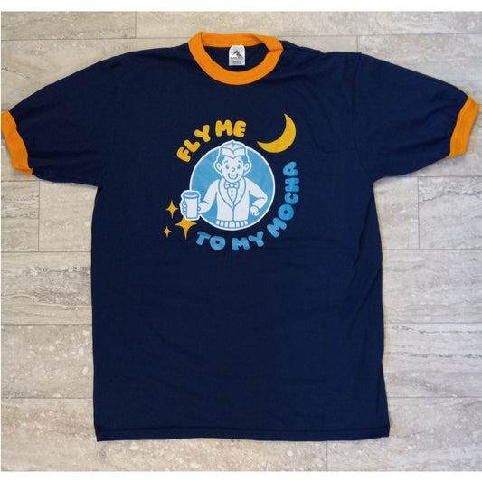 Fly Me To the Mocha coffee dark blue graphic short sleeve shirt SIZE L