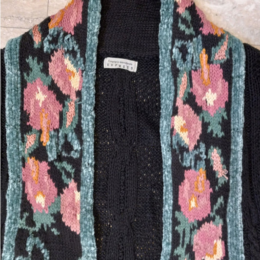 VTG Express black heavy knit floral crochet long open front sweater SIZE L