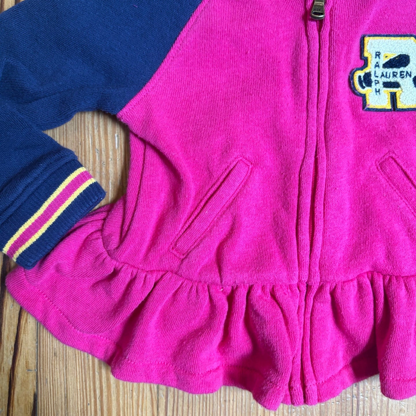 Ralph Lauren pink navy varsity sheer long sleeve full zip sweatshirt SIZE 12M