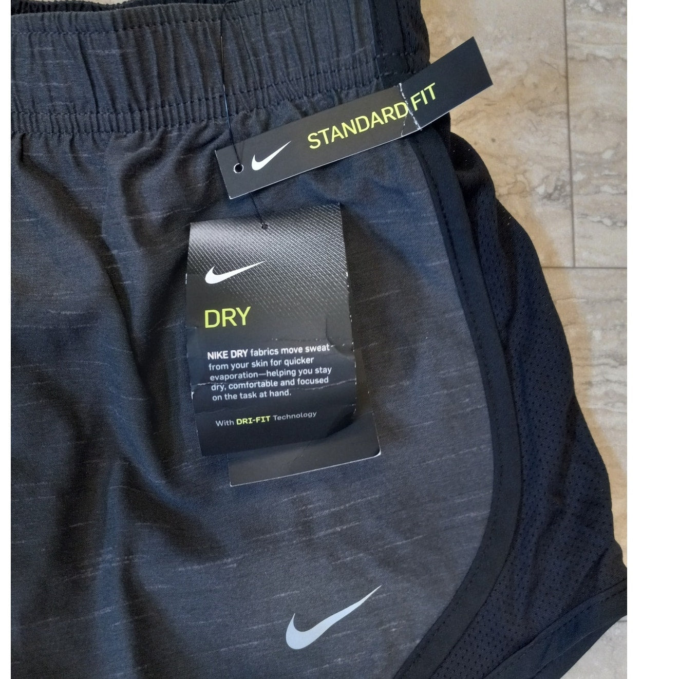 NWT Nike Dri Fit gray black standard fit lined womens running shorts SIZE S