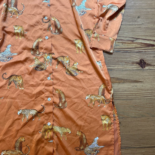 Shein orange satin cheetah long sleeve button up shirt dress SIZE S