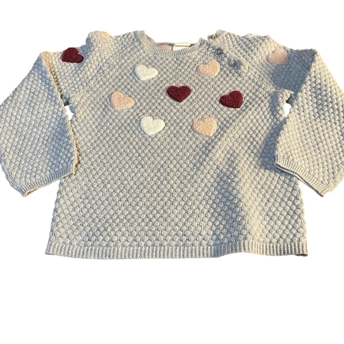 H&M light gray popcorn knit heart embroidered crew sweater SIZE 12-18M