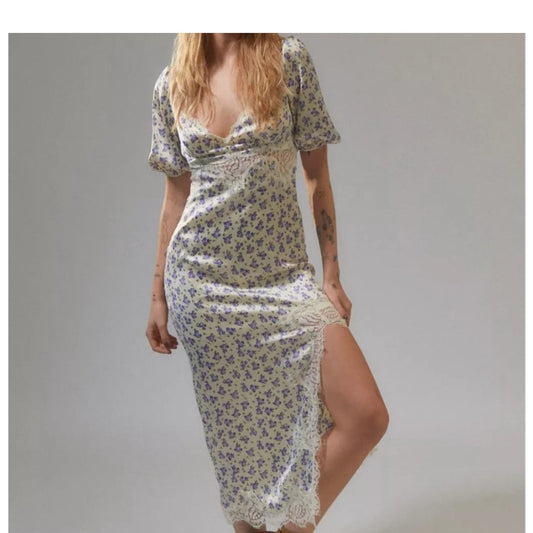 Urban Outfitters blue floral lace puff cottage romantic midi dress SIZE XS