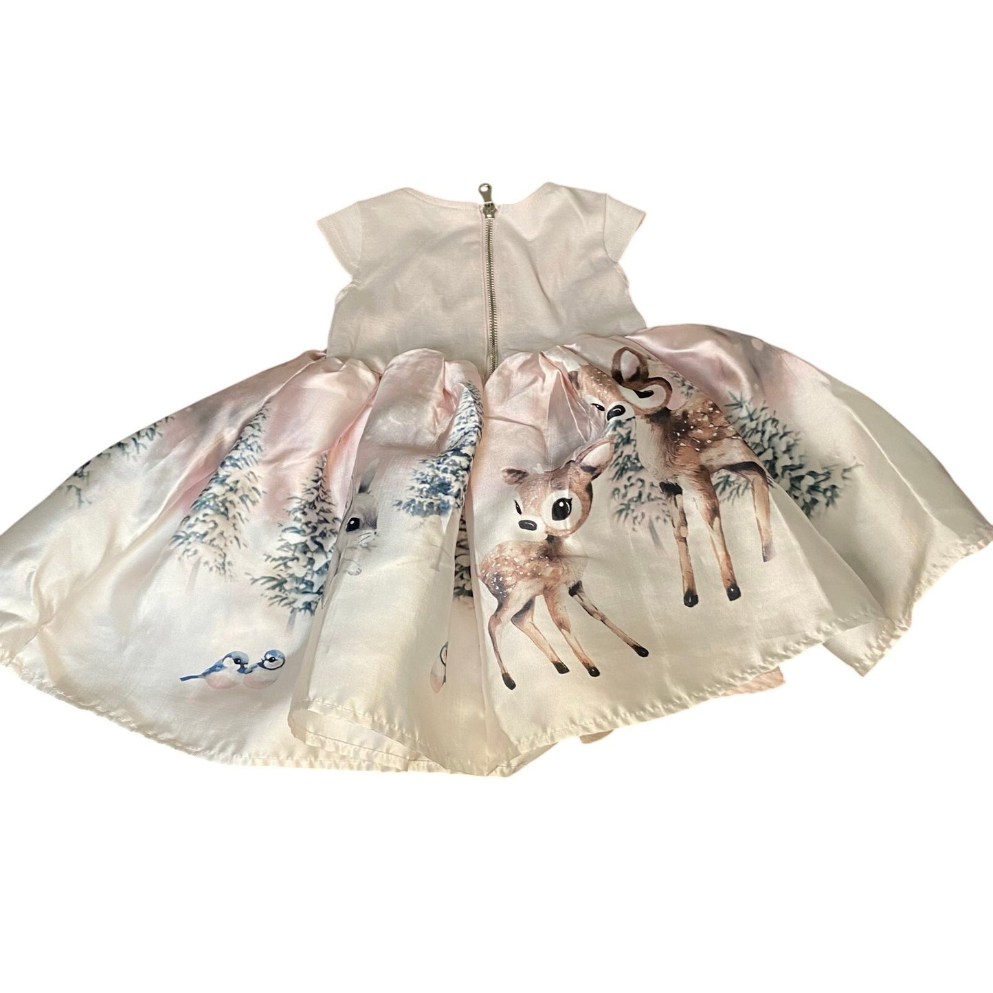 H&M pink white snowy woodland deer Christmas sleeveless flare dress SIZE 2T