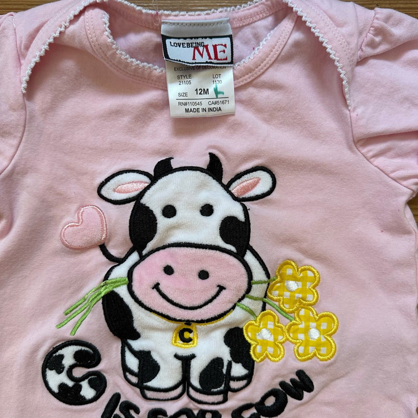 Love Being Me pink cow embroidered ruffle shirt sleeve romper SIZE 12M
