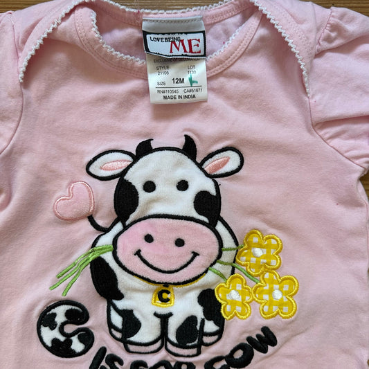 Love Being Me pink cow embroidered ruffle shirt sleeve romper SIZE 12M