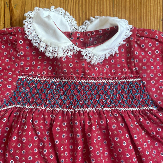 Polly Flinders vintage red smocked lace collar long sleeve dress SIZE 2