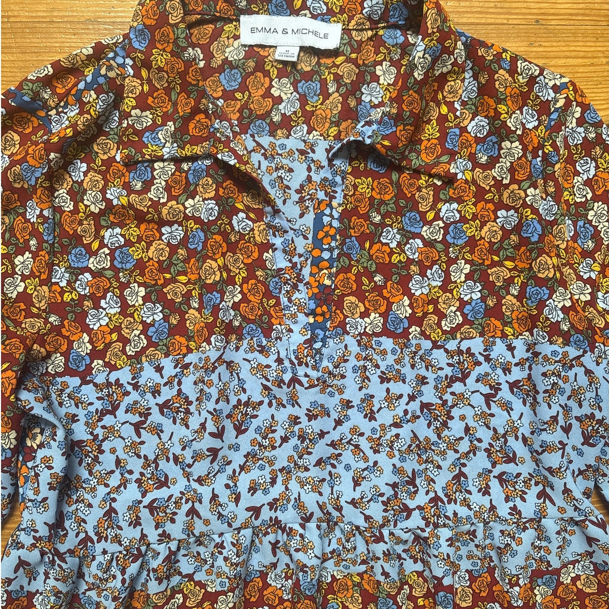 Emma & Michele red blue boho floral babydoll collar tiered log sleeve dress SIZE M