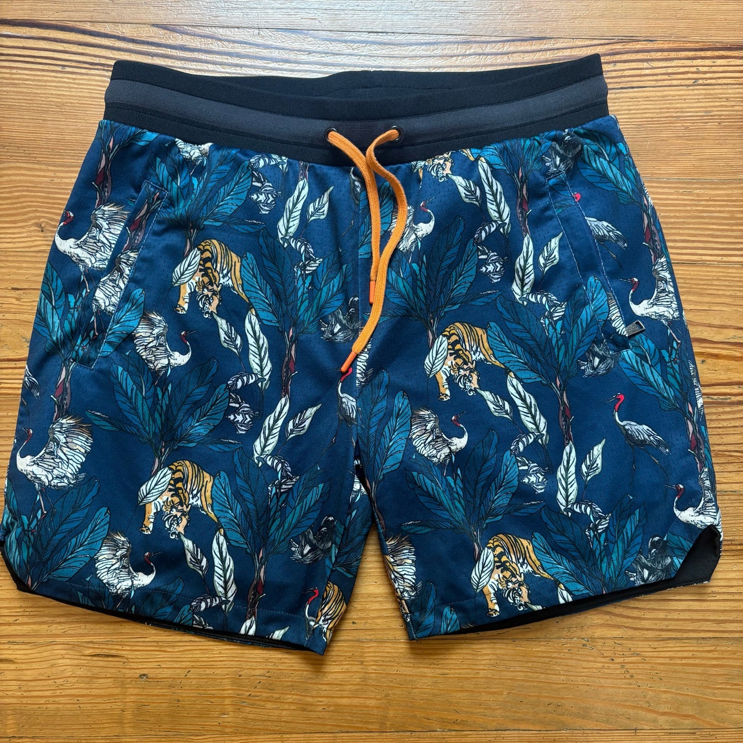 Maison Article blue tiger foliage double lined mens drawstring shorts SIZE XL