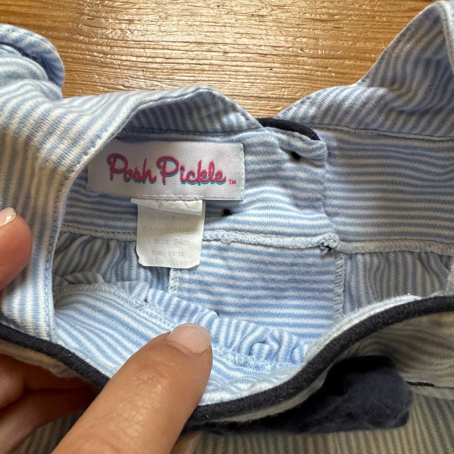 Posh Pickle blue white striped navy bow accent romper SIZE 24M