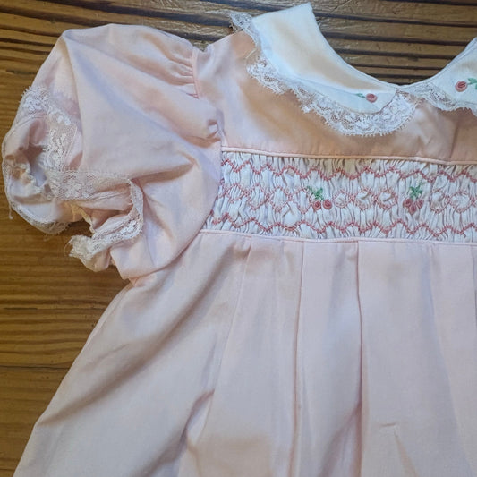 Vintage pink floral embroidered smocked lace short sleeve baby dress SIZE 6-9M