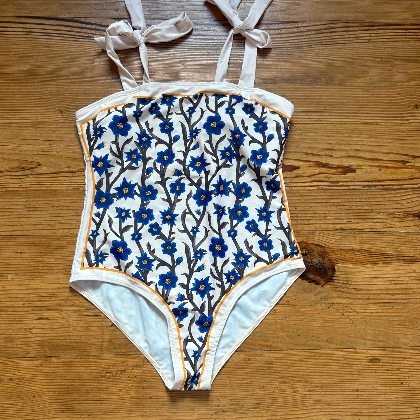 Shein ivory blue Amalfi floral tie strap one piece swimsuit SIZE XL