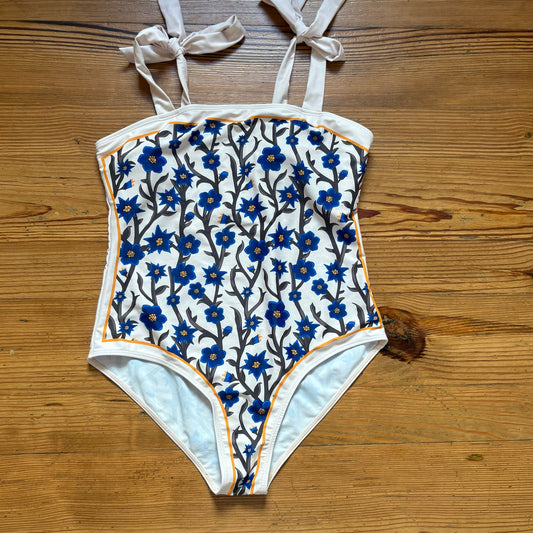 Shein ivory blue Amalfi floral tie strap one piece swimsuit SIZE XL