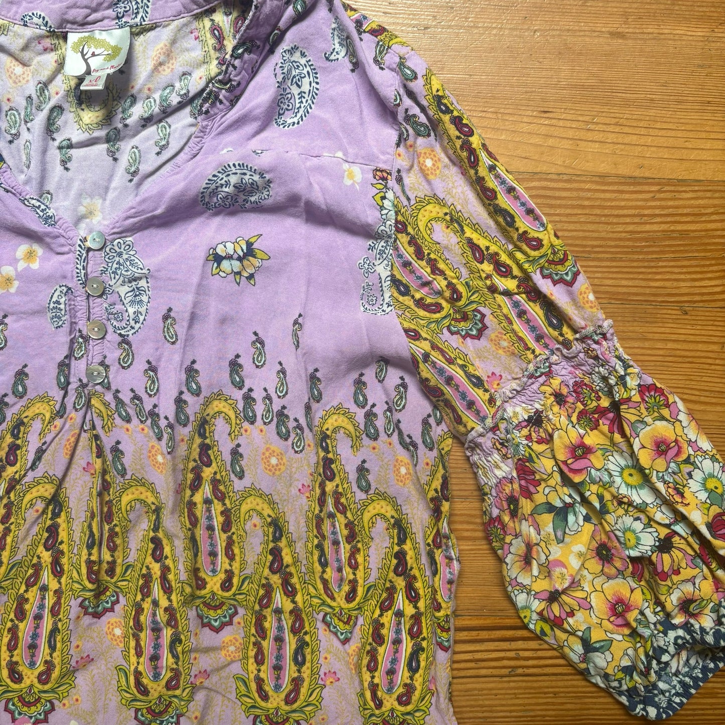 Fig and Flower purple yellow floral quarter sleeve tunic shirt SIZE XL