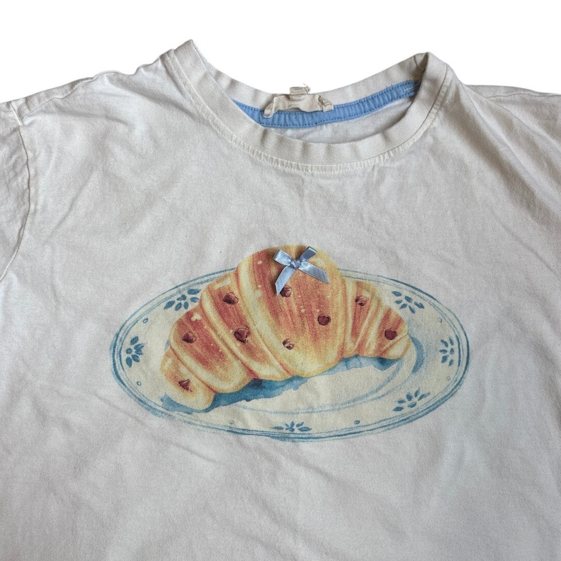 Messy Bun Just Chillin white croissant cropped short sleeve shirt SIZE 10