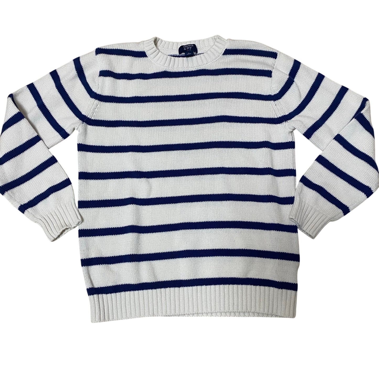 Crown & Ivy blue white striped knit crew kids sweater SIZE S