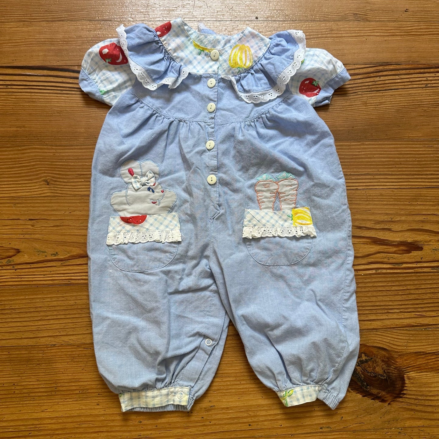 Vintage light blue ruffle lace trim vegetable bunny short sleeve one piece SIZE 12M