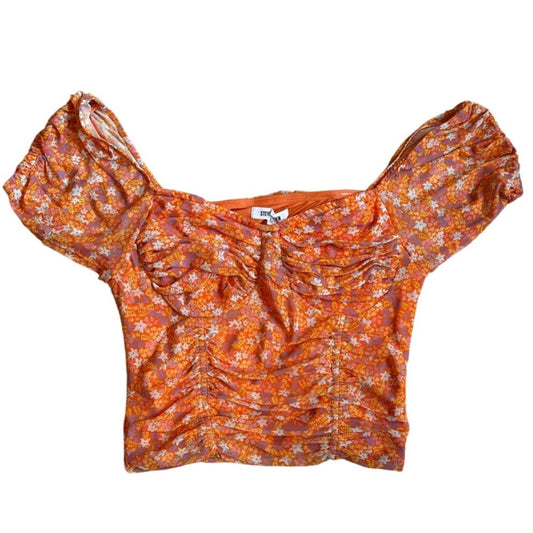Steve Madden orange floral sheer overlay puff sleeve cropped blouse SIZE L