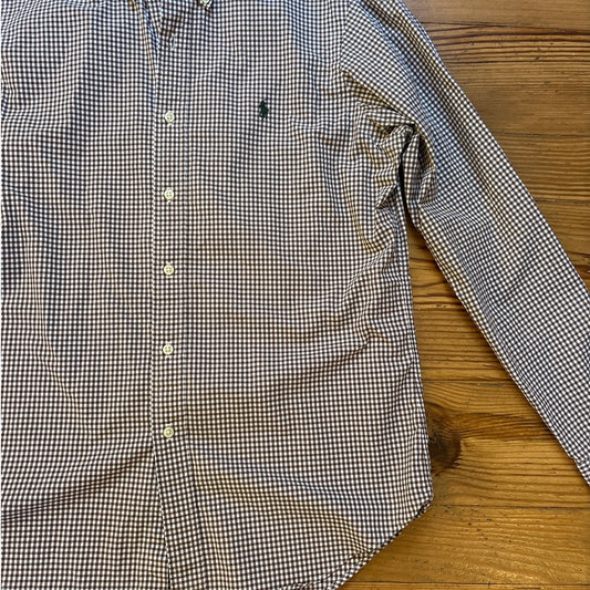 Ralph Lauren brown white check plaid long sleeve button up dress shirt SIZE M