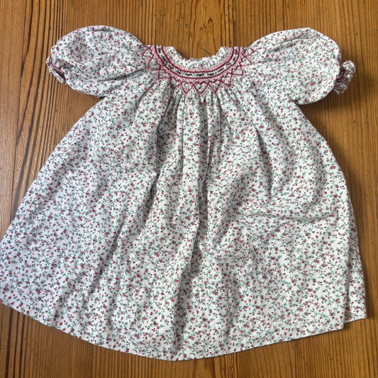 Floral red pink white smocked short sleeve baby dress SIZE 12M