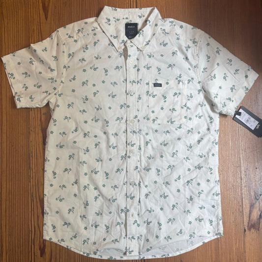 NWT RVCA white floral slim fit short sleeve button up mens shirt SIZE M
