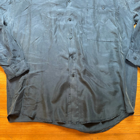 City Streets vintage blue silk long sleeve mens button up shirt SIZE L