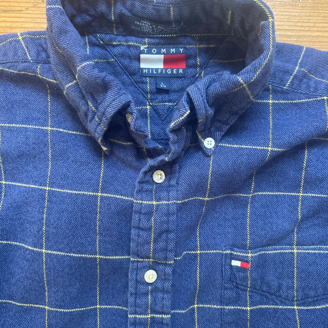 VTG Tommy Hilfiger blue plaid cotton long sleeve button up mens shirt SIZE L